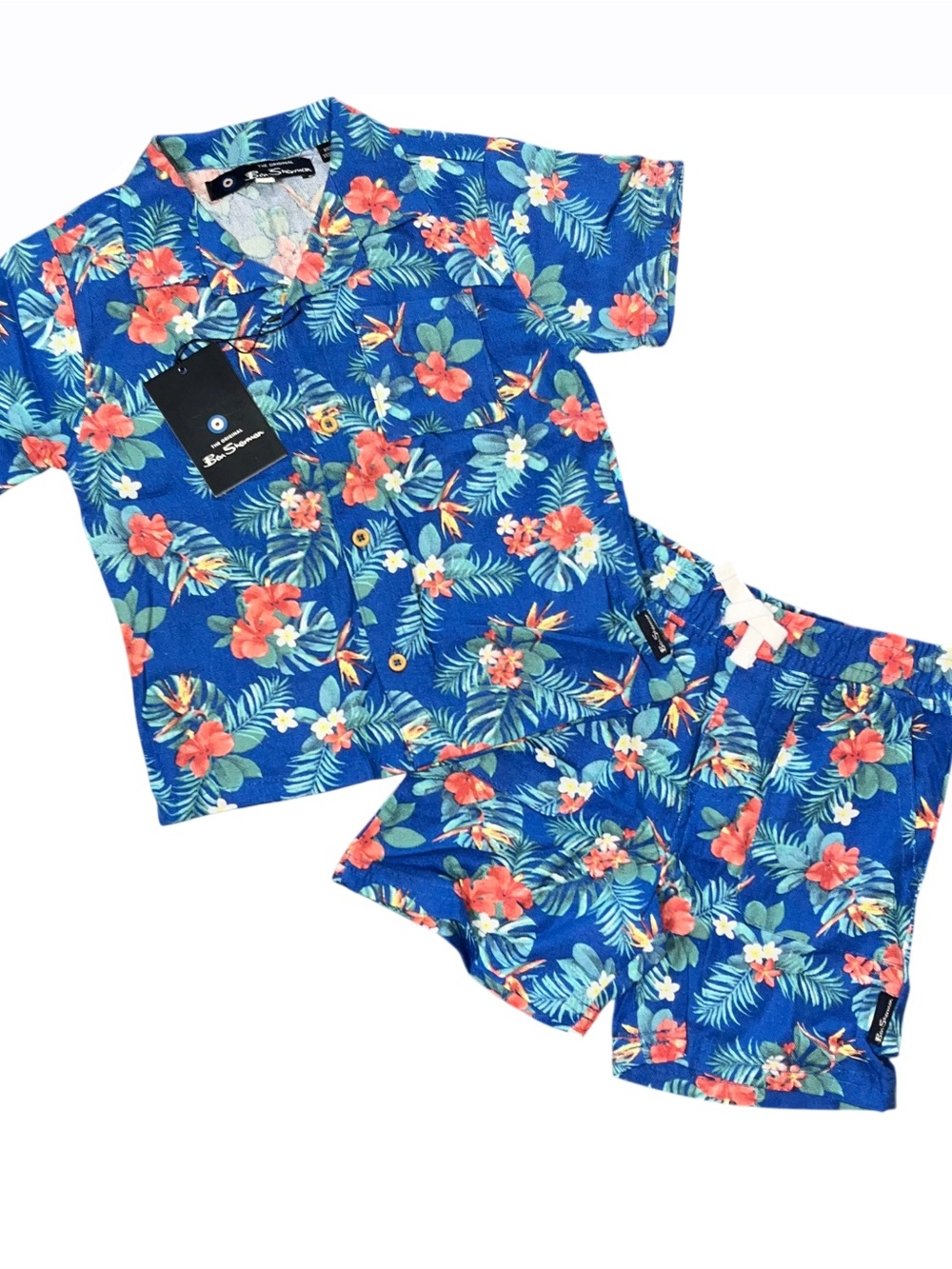 Ben Sherman Blue Pink Floral Palm Collar Button Shirt Shorts Set NWT 2T Linen
